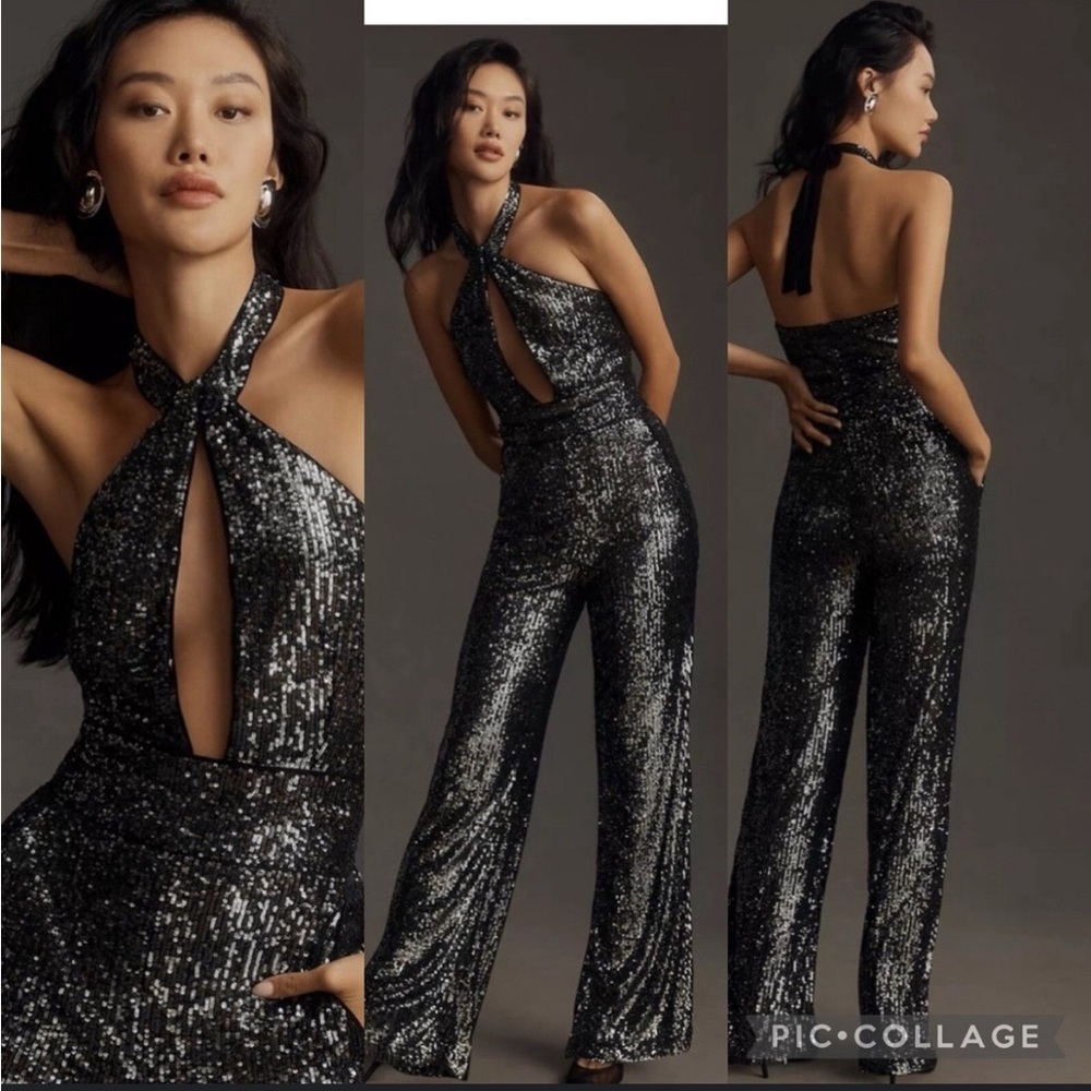 NWT Anthropologie Marve Black Silver Sequin Jumpsuit Halter Neck size 6